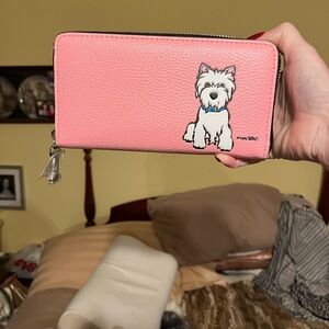 NWOT Marc Tetro Pink Wallet with Westie dog featured silver dogbone zipper pull